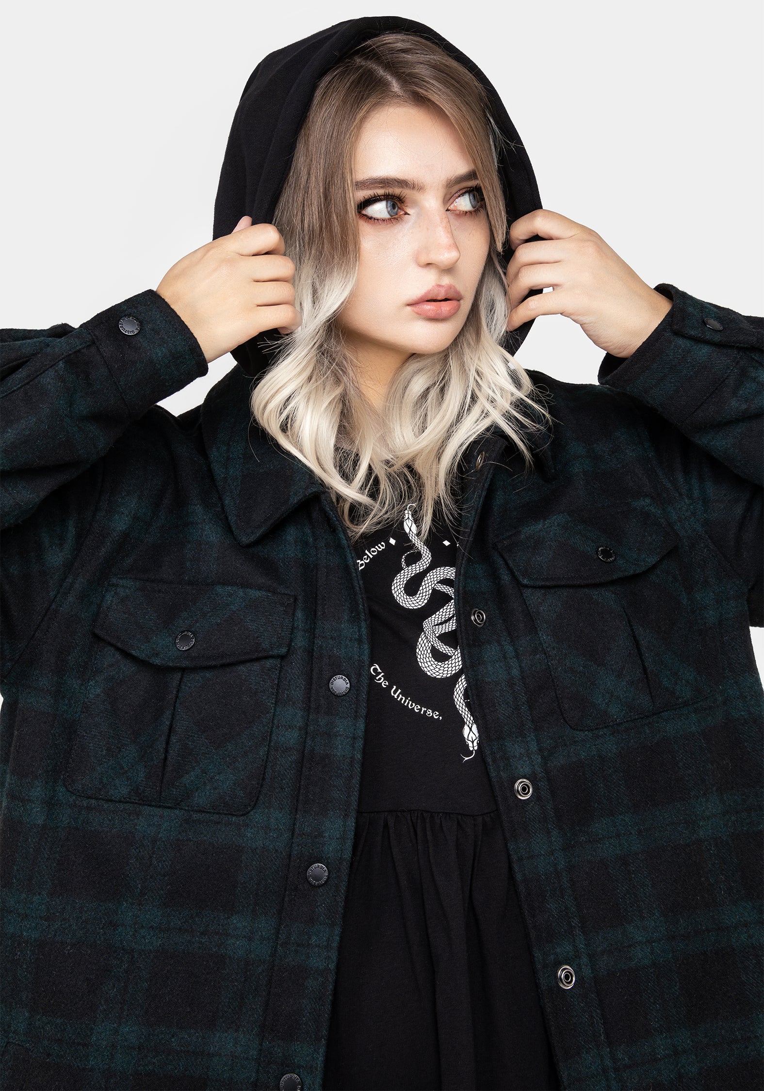 Trellis Hooded Pocket Wool Blend Check Shacket | Disturbia - Shop