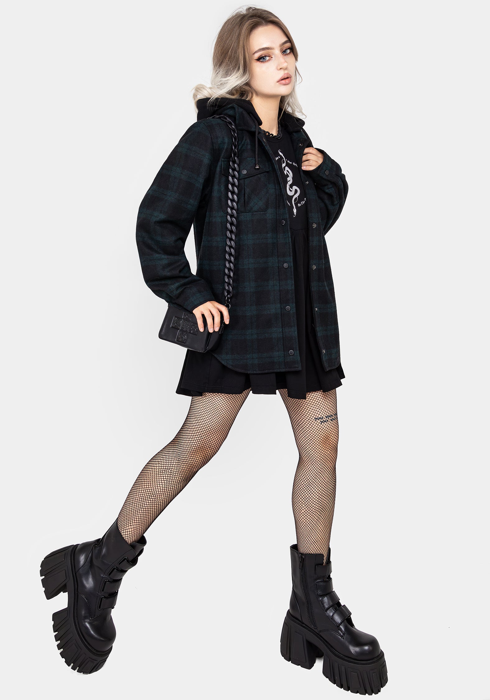 Trellis Hooded Pocket Wool Blend Check Shacket | Disturbia - Shop