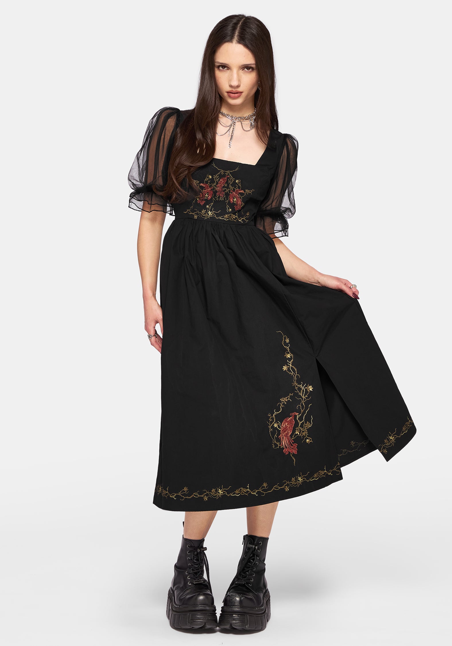Phoenix Cotton Embroidered Puff Sleeve Midi Dress – Disturbia