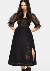 Phoenix Cotton Embroidered Puff Sleeve Midi Dress