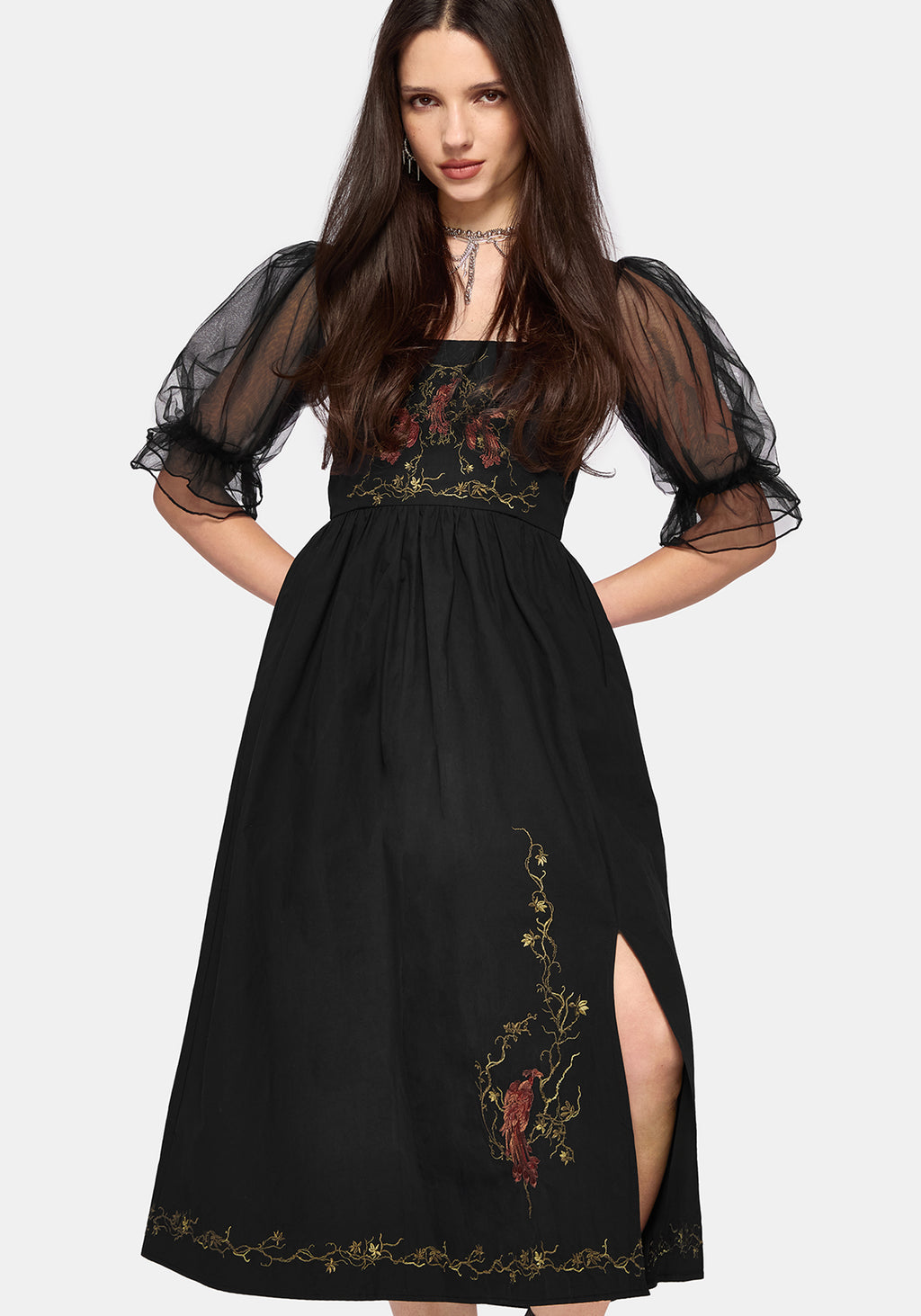 Phoenix Cotton Embroidered Puff Sleeve Midi Dress – Disturbia