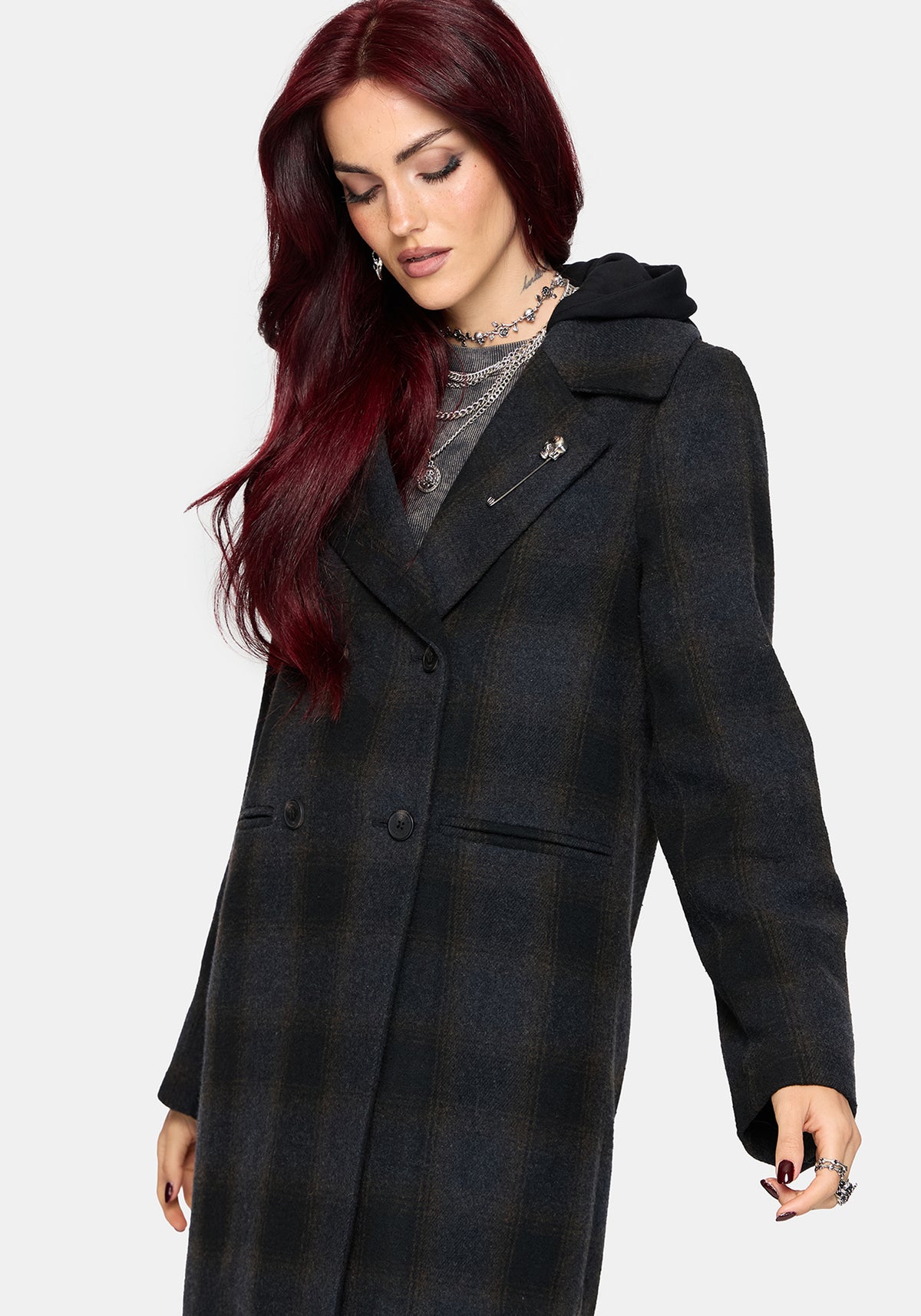 Marceline Hooded Check Longline Coat