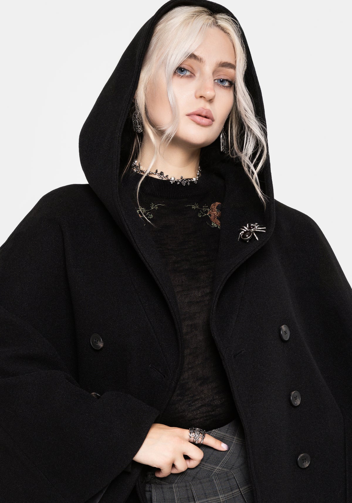 Althea Hooded Spider Pin Detail Cape