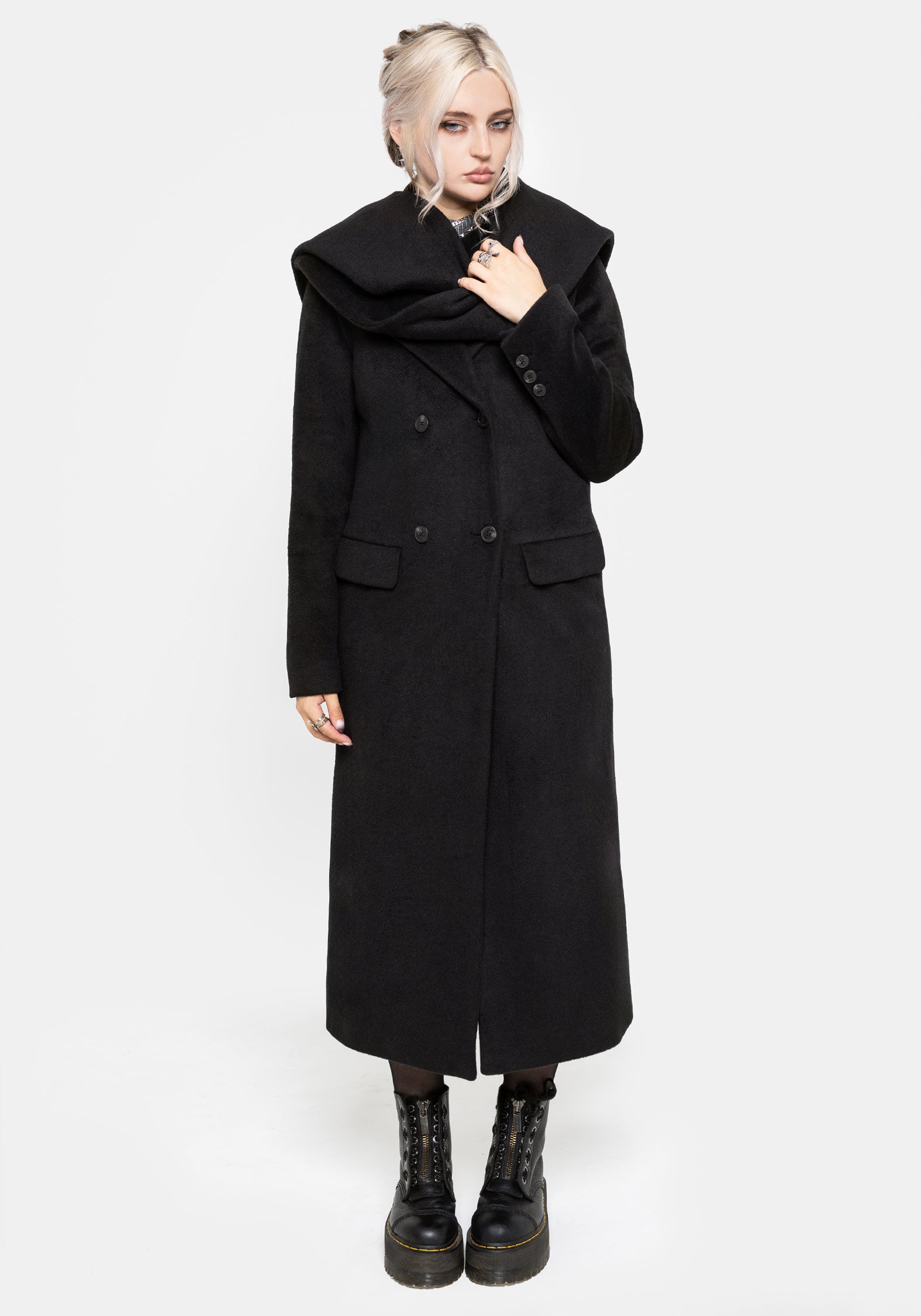 Lethe Hooded Scarf Longline Wool-Blend Coat