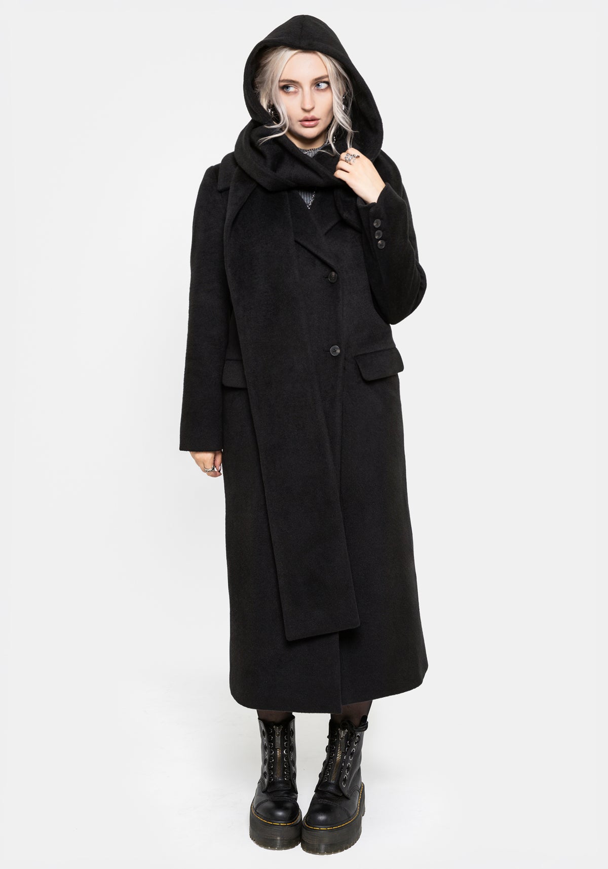 Lethe Hooded Scarf Longline Wool-Blend Coat