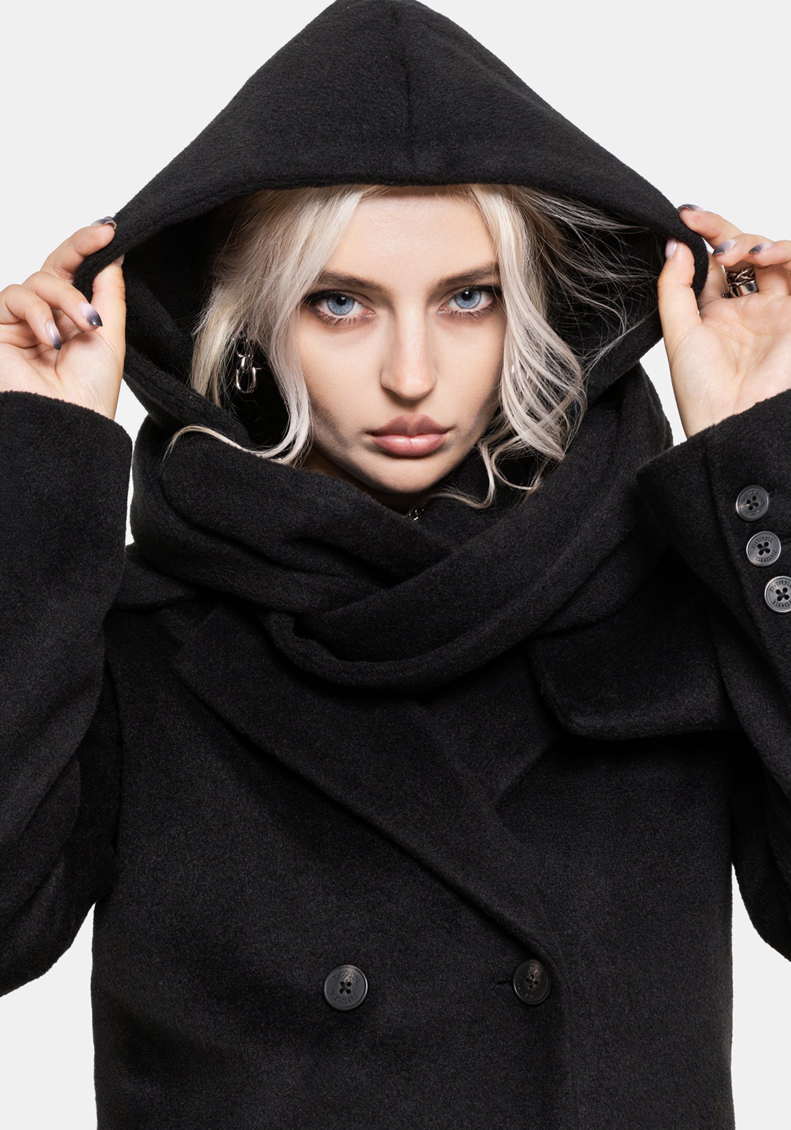 Lethe Hooded Scarf Longline Wool-Blend Coat