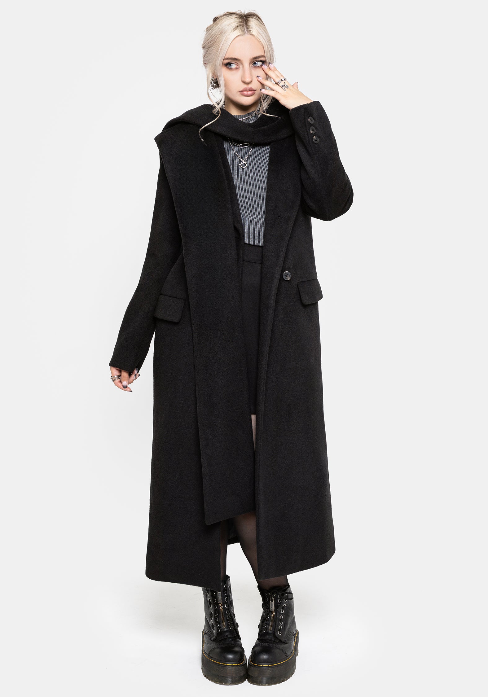 Lethe Hooded Scarf Longline Wool-Blend Coat