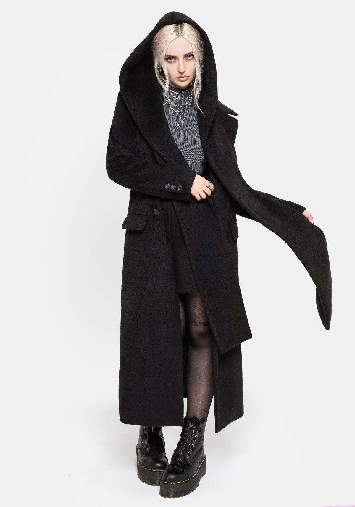 Lethe Hooded Scarf Longline Wool-Blend Coat