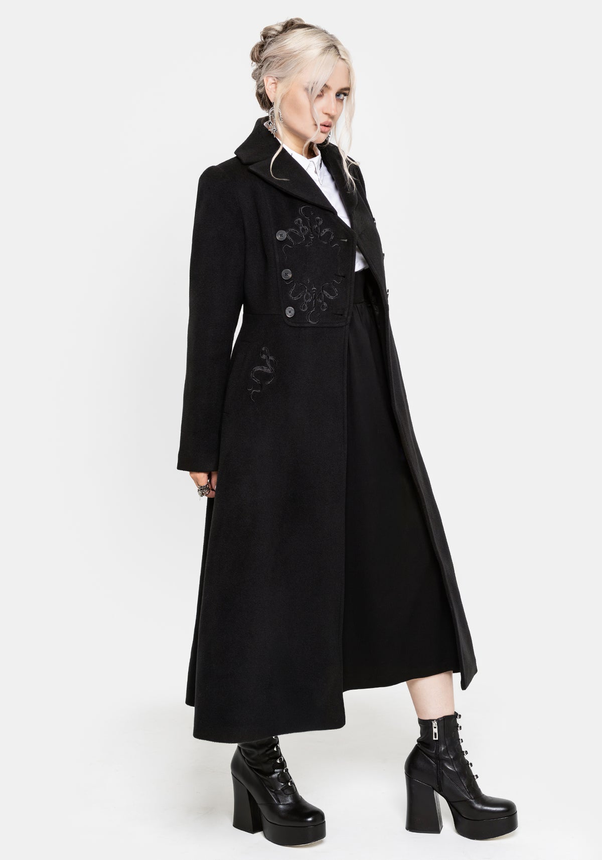Blanche Embroidered Bib Longline Coat