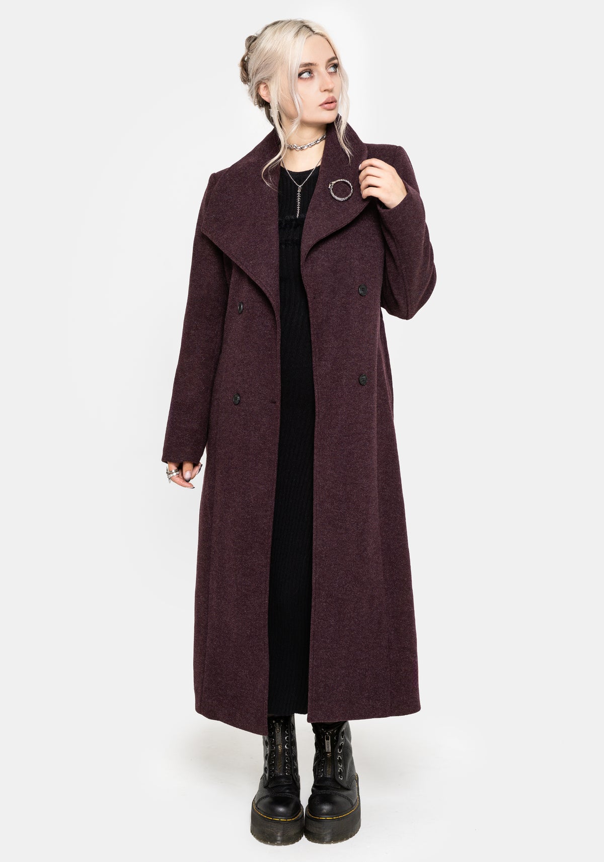 Abyss Tie Waist Double Breasted Coat With Snake Brooch - Plum
