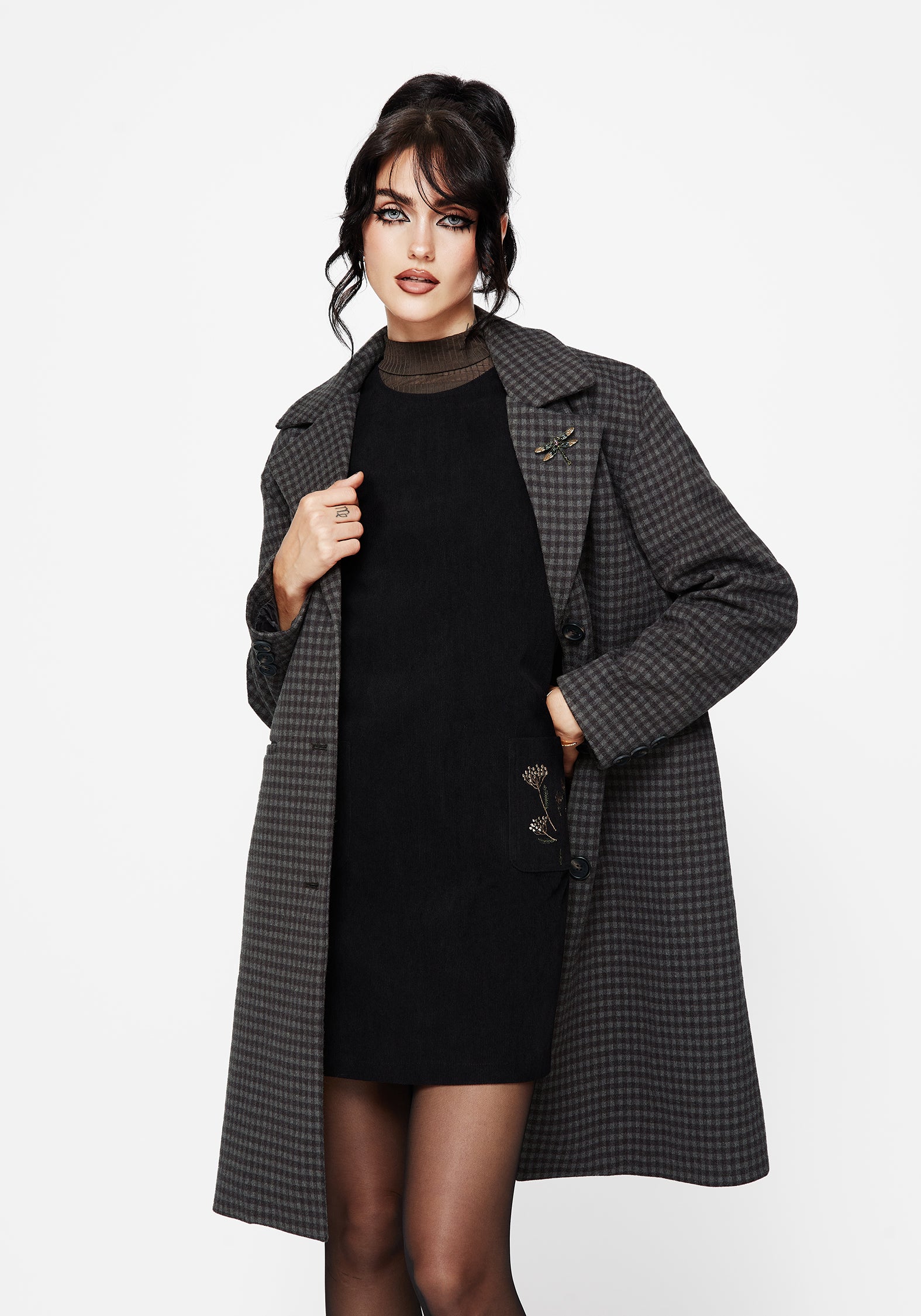 Pilgrim Gingham Coat With Dragonfly Brooch