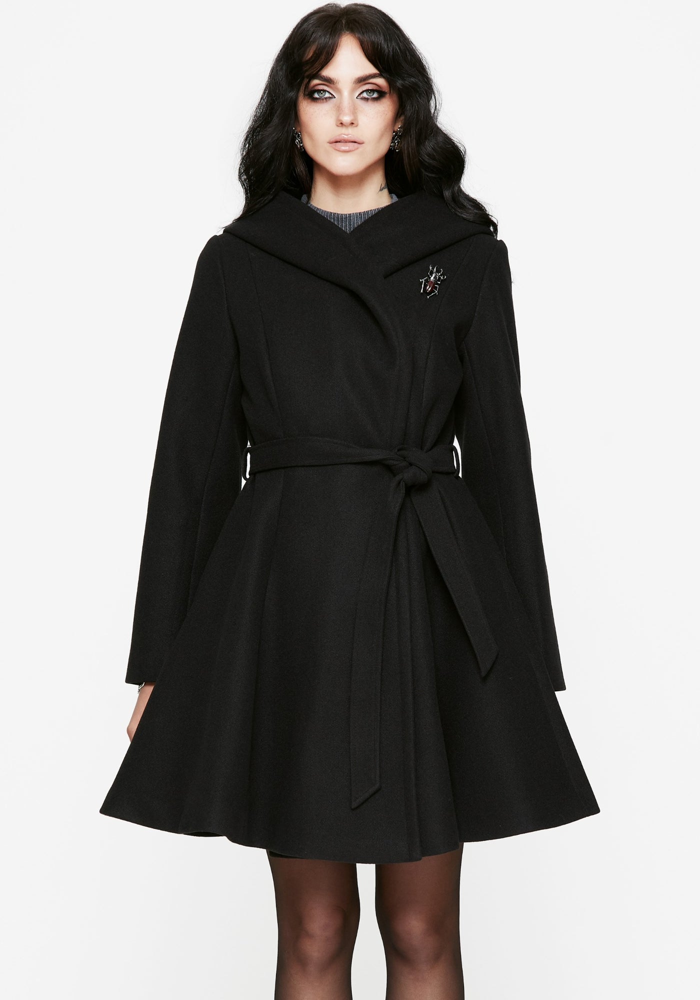 Camilla Tie Waist Hooded Coat With Bug Brooch – Disturbia