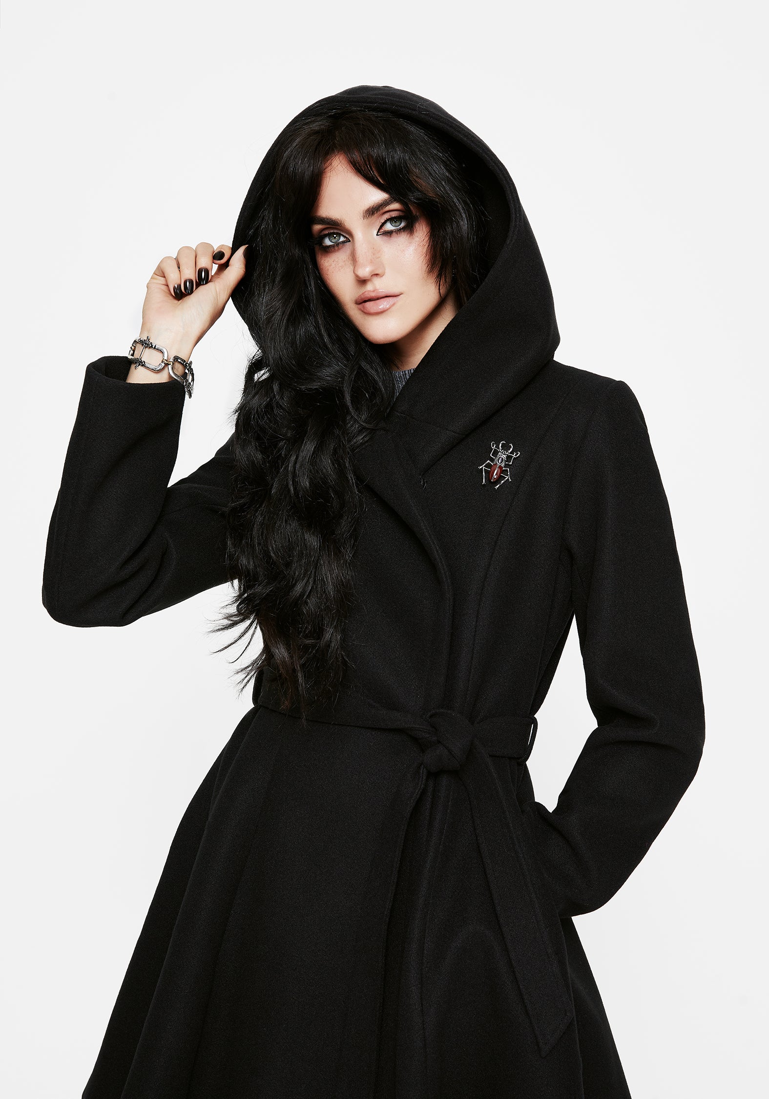 Camilla Tie Waist Hooded Coat With Bug Brooch – Disturbia