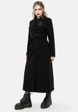 Abyss Tie Waist Double Breasted Coat With Snake Brooch - Black