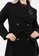 Abyss Tie Waist Double Breasted Coat With Snake Brooch - Black