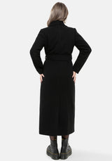 Abyss Tie Waist Double Breasted Coat With Snake Brooch - Black