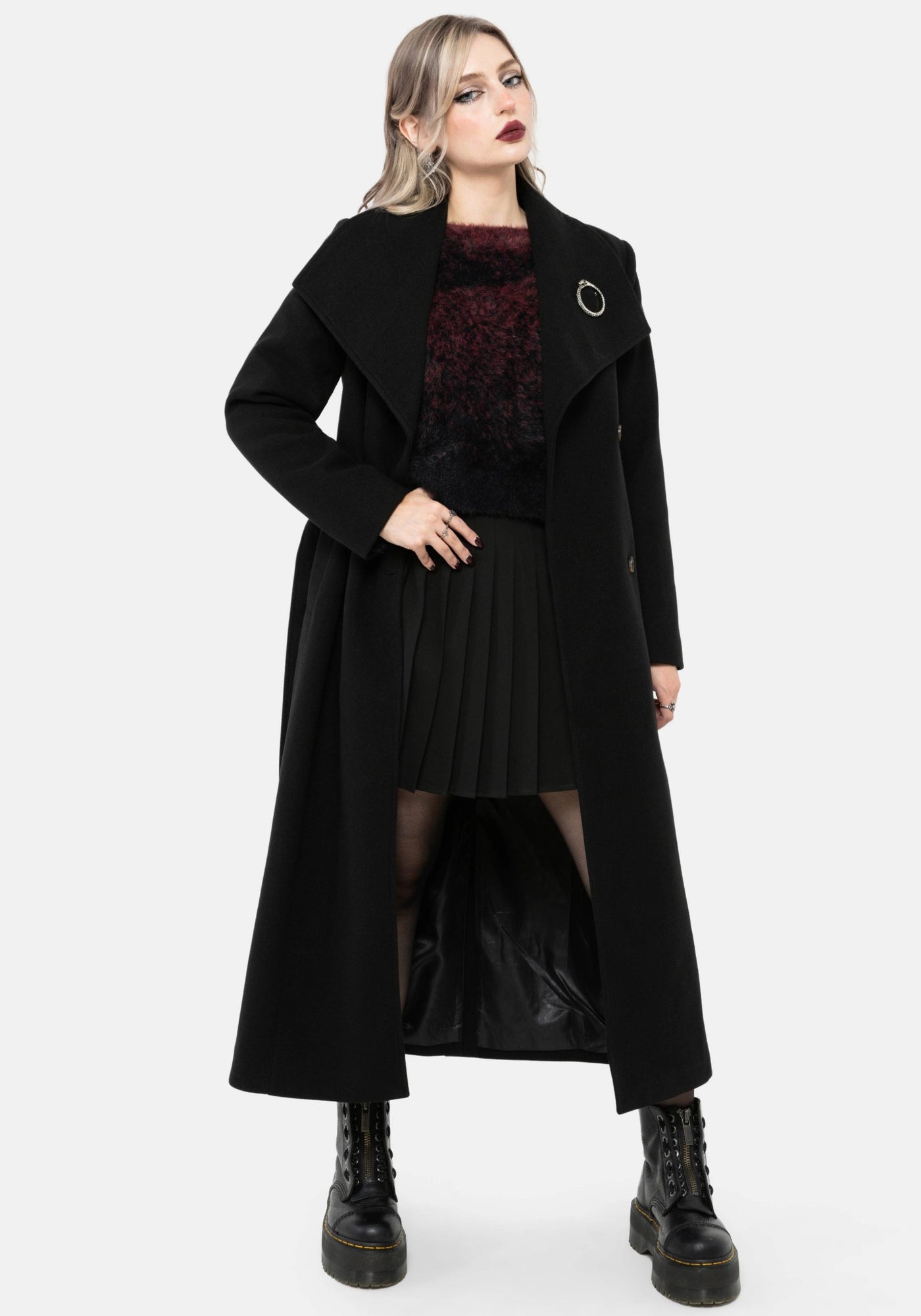 【44】RAINDROP STUDS COAT - BLACK Abyss Tie Waist Double Breasted Coat With Snake Brooch - Black