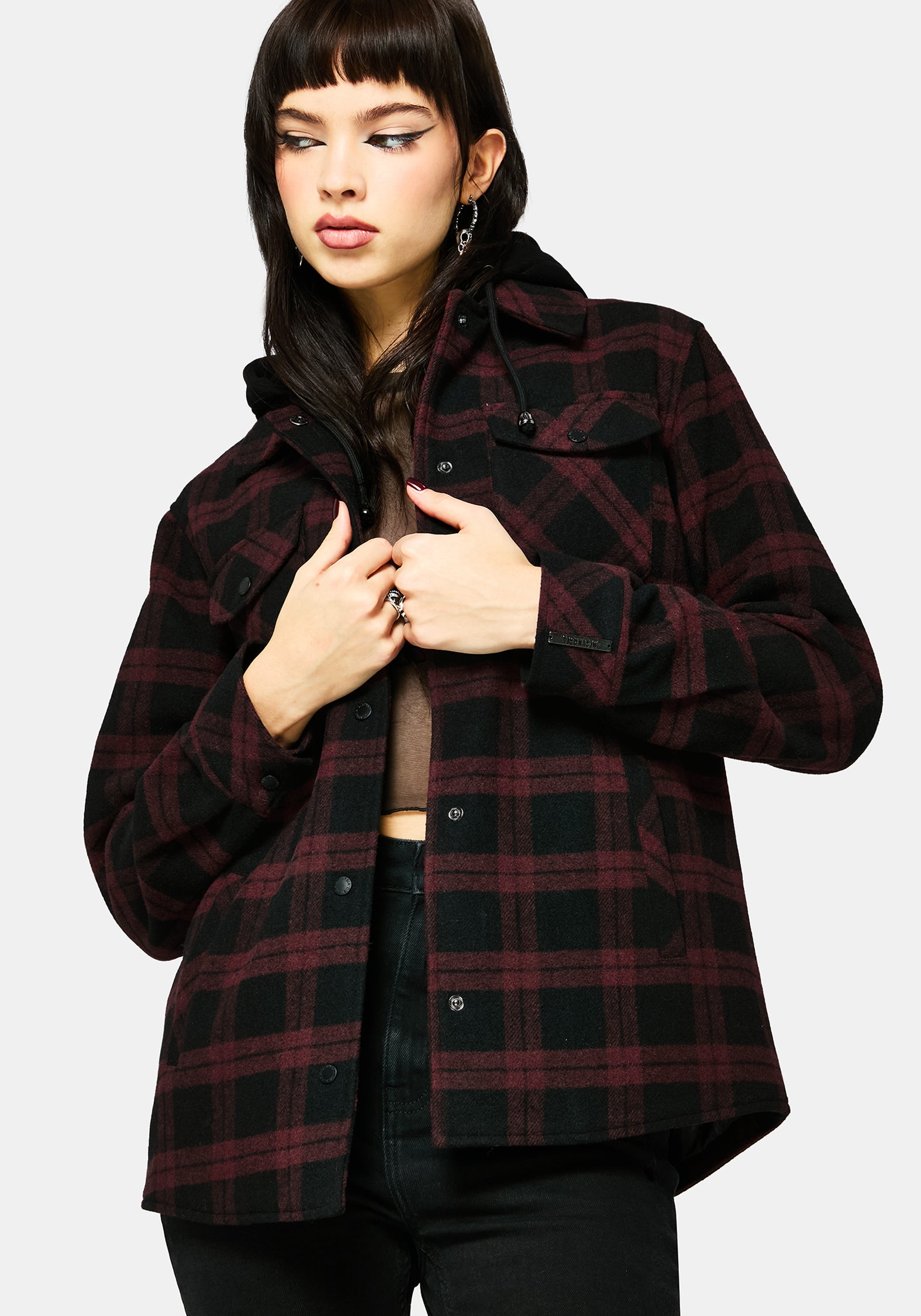 Trellis Hooded Pocket Check Shacket - Burgundy