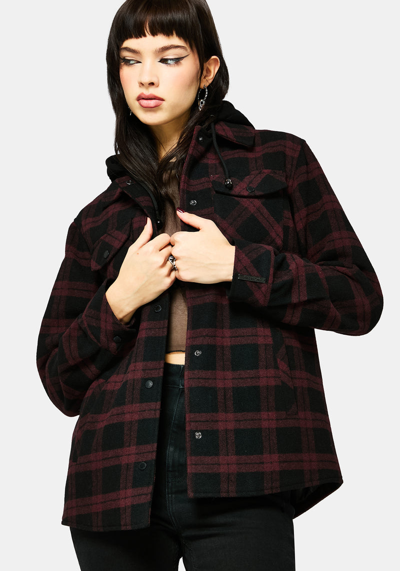 Trellis Hooded Pocket Check Shacket - Burgundy – Disturbia