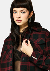 Trellis Hooded Pocket Check Shacket - Burgundy