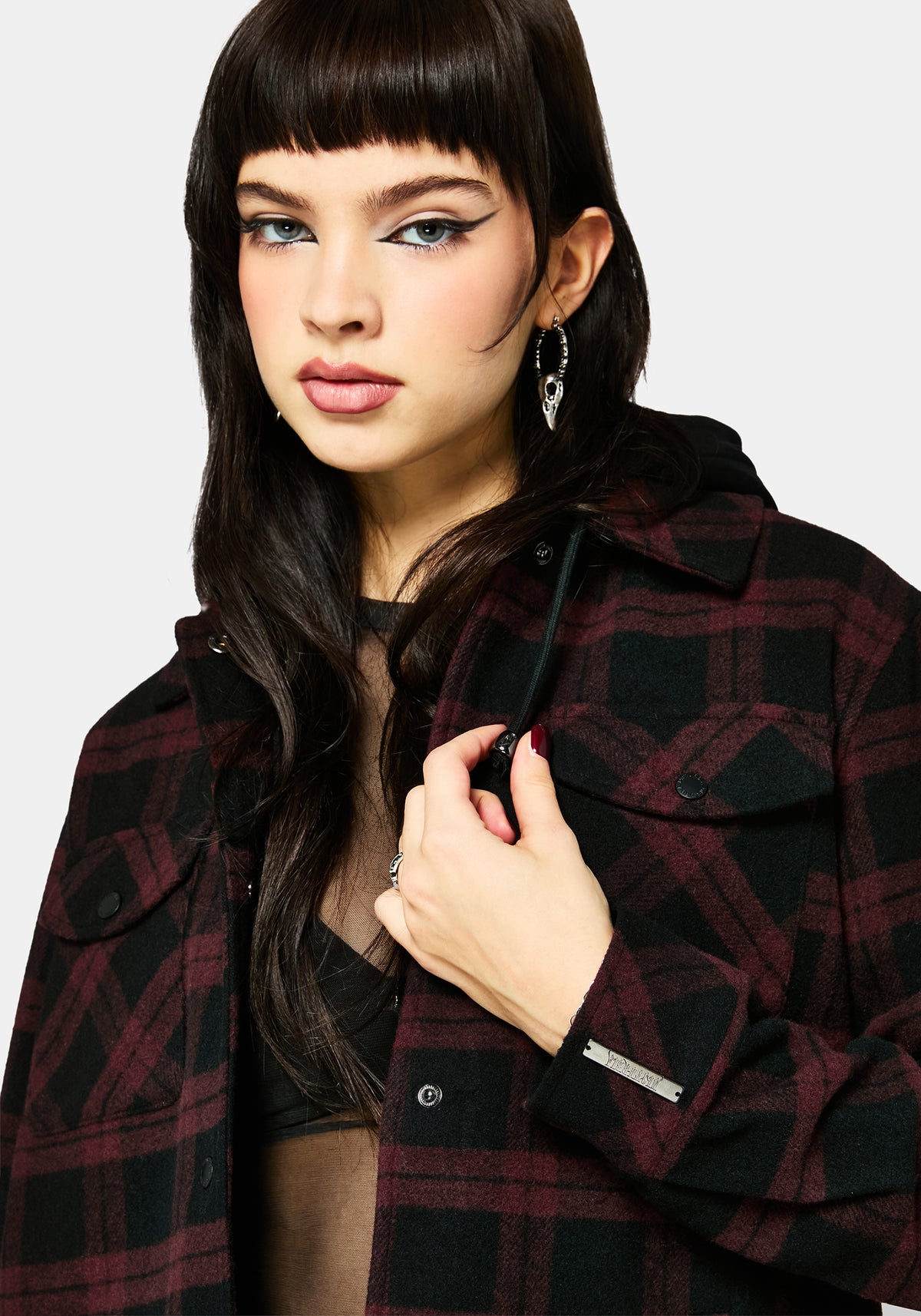 Trellis Hooded Pocket Check Shacket - Burgundy – Disturbia
