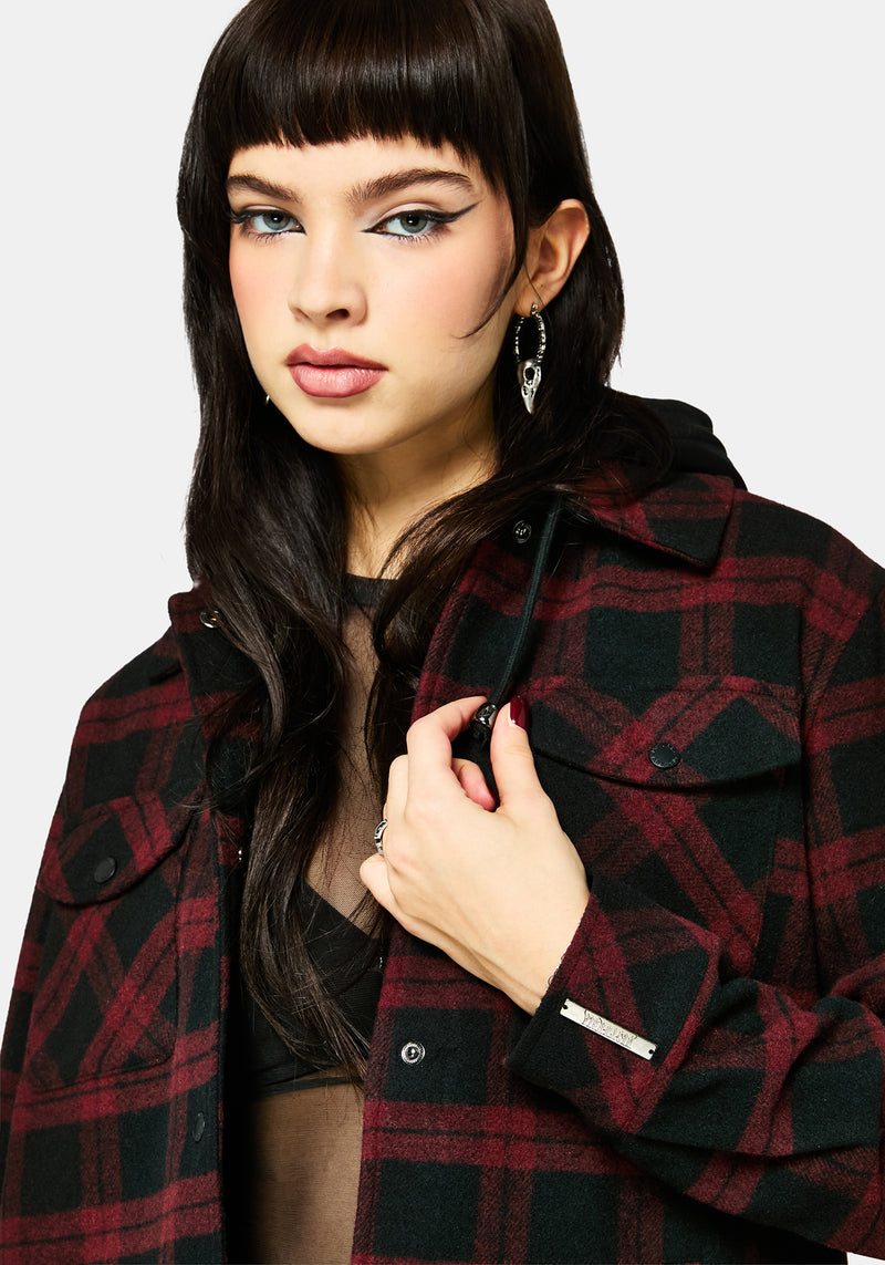 Trellis Hooded Pocket Check Shacket - Burgundy