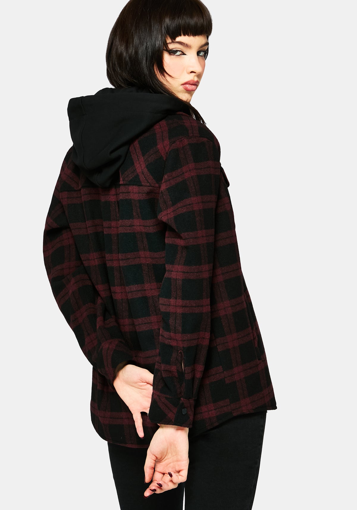 Trellis Hooded Pocket Check Shacket - Burgundy – Disturbia