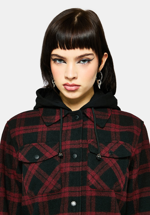 Trellis Hooded Pocket Check Shacket - Burgundy