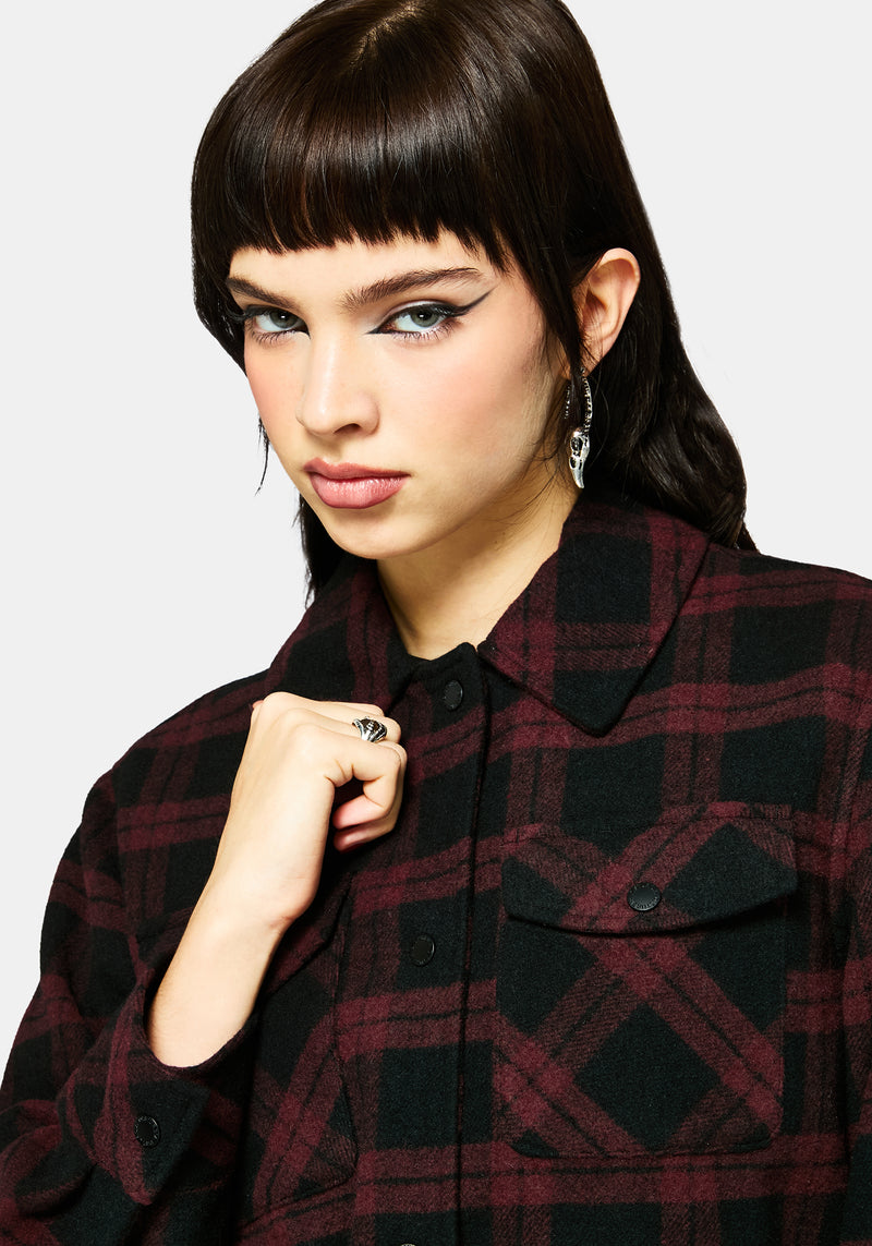 Trellis Hooded Pocket Check Shacket - Burgundy – Disturbia