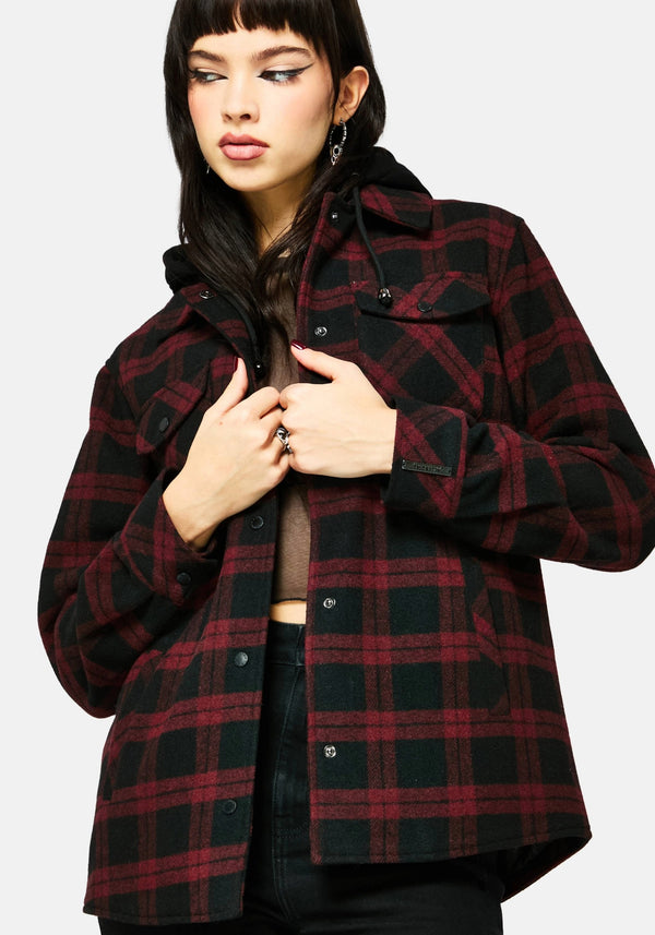 Trellis Hooded Pocket Check Shacket - Burgundy