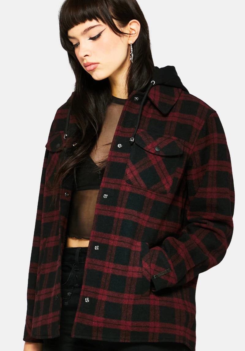 Trellis Hooded Pocket Check Shacket - Burgundy