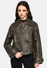 Fleux Embroidered Cropped Faux Leather Trench Jacket