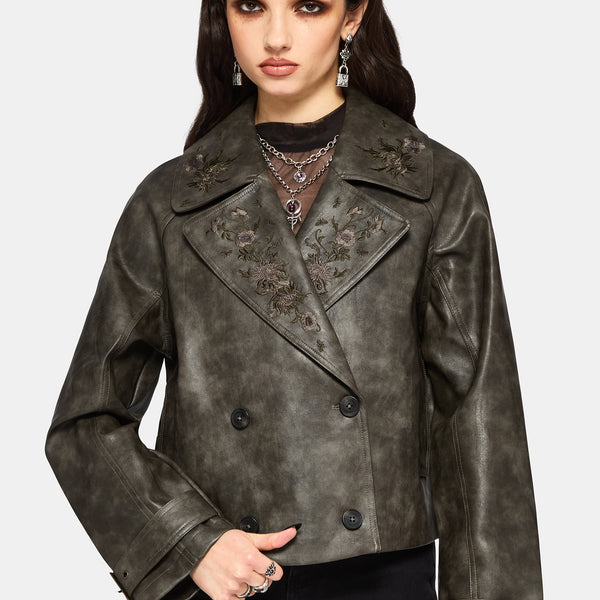 Fleux Embroidered Cropped Faux Leather Trench Jacket – Disturbia