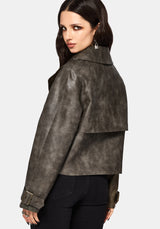Fleux Embroidered Cropped Faux Leather Trench Jacket