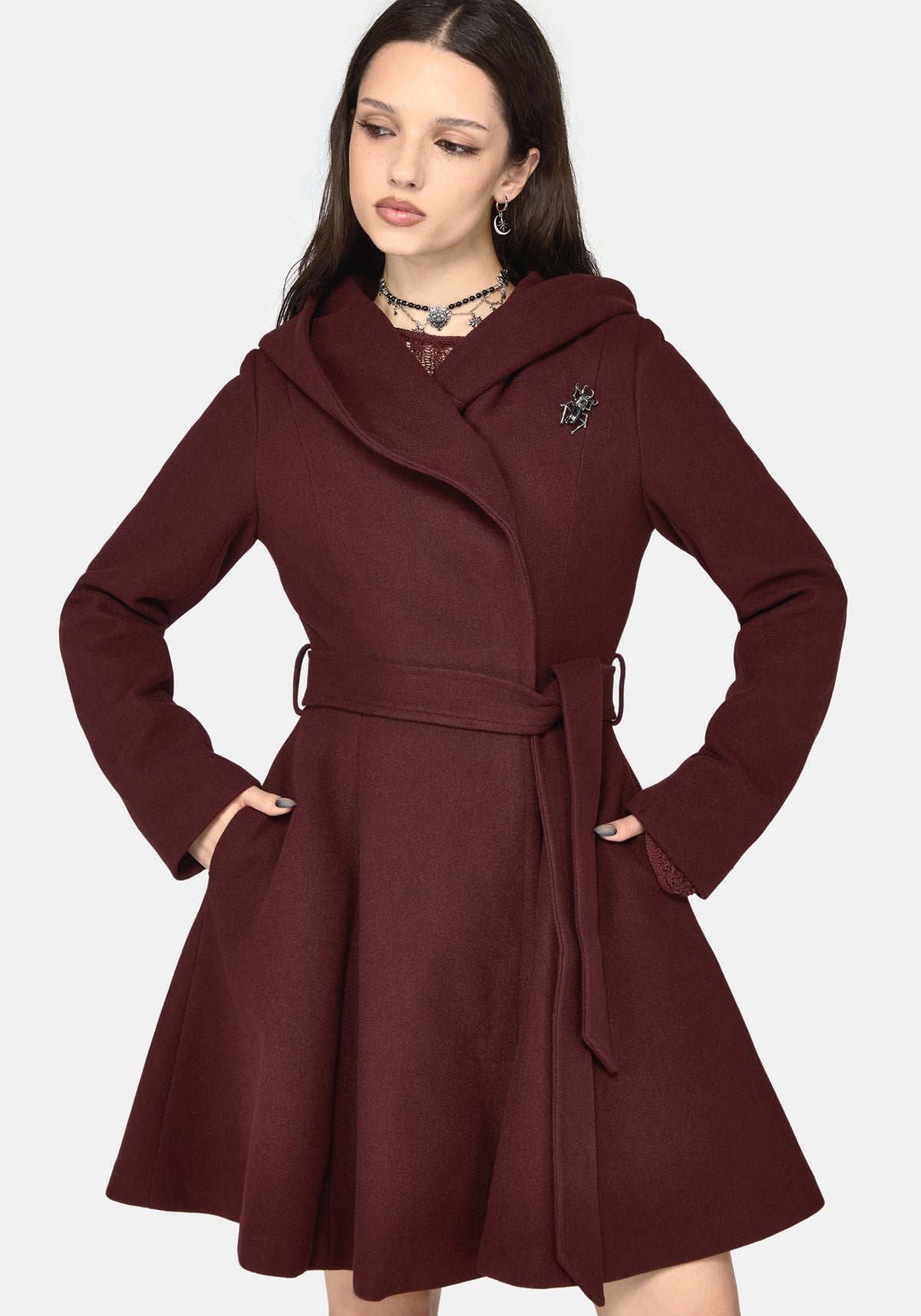 Camilla Tie Waist Hooded Coat With Bug Brooch - Burgundy