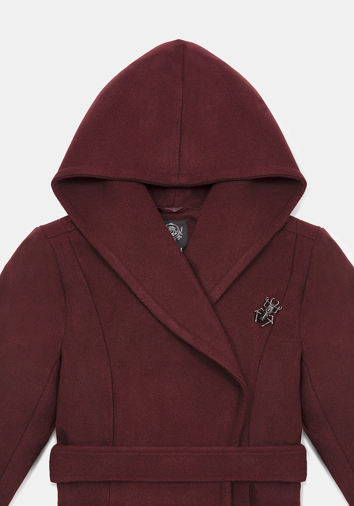 Camilla Tie Waist Hooded Coat With Bug Brooch - Burgundy