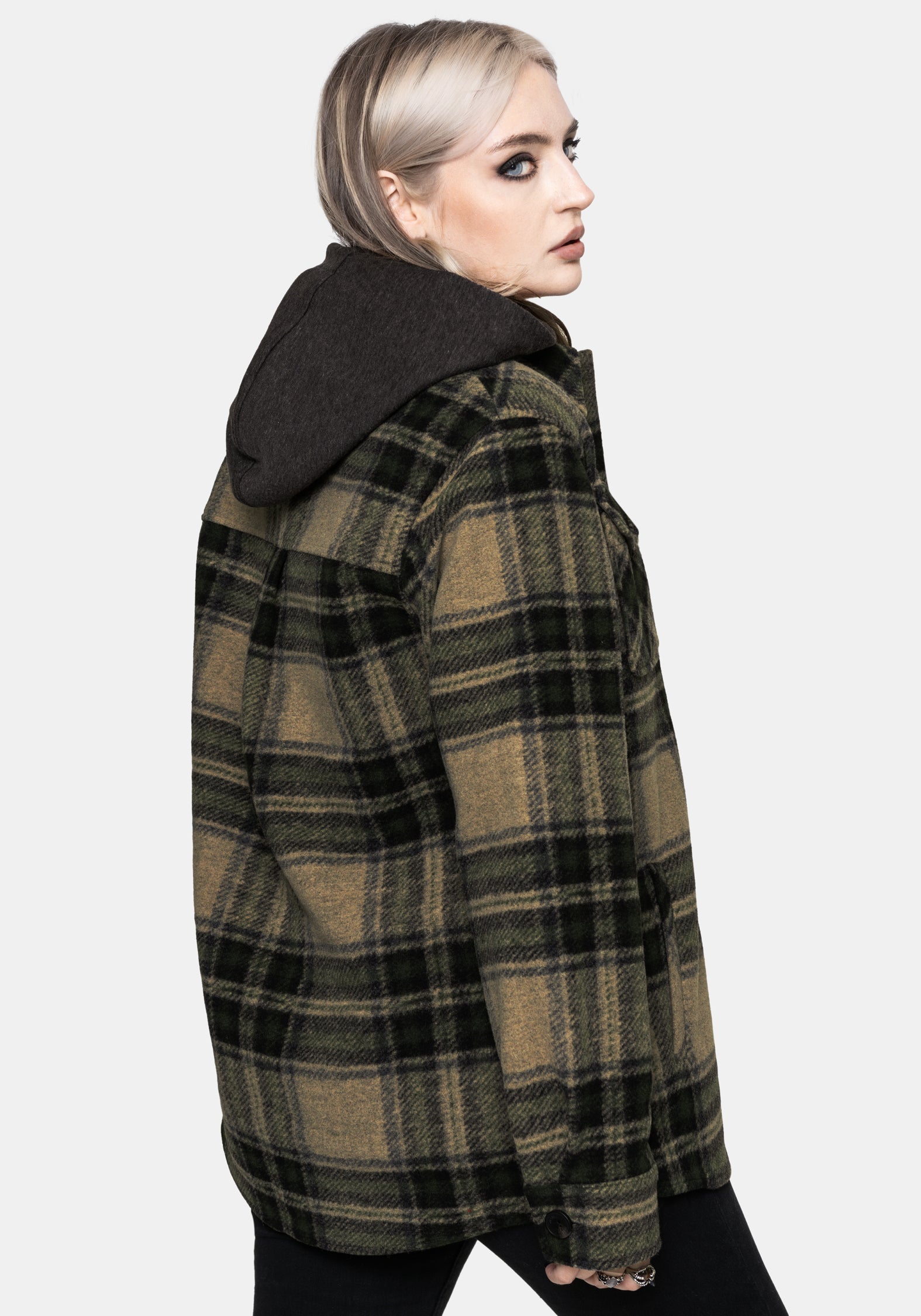 Trellis Lightweight Hooded Pocket Check Shacket - Green – Disturbia