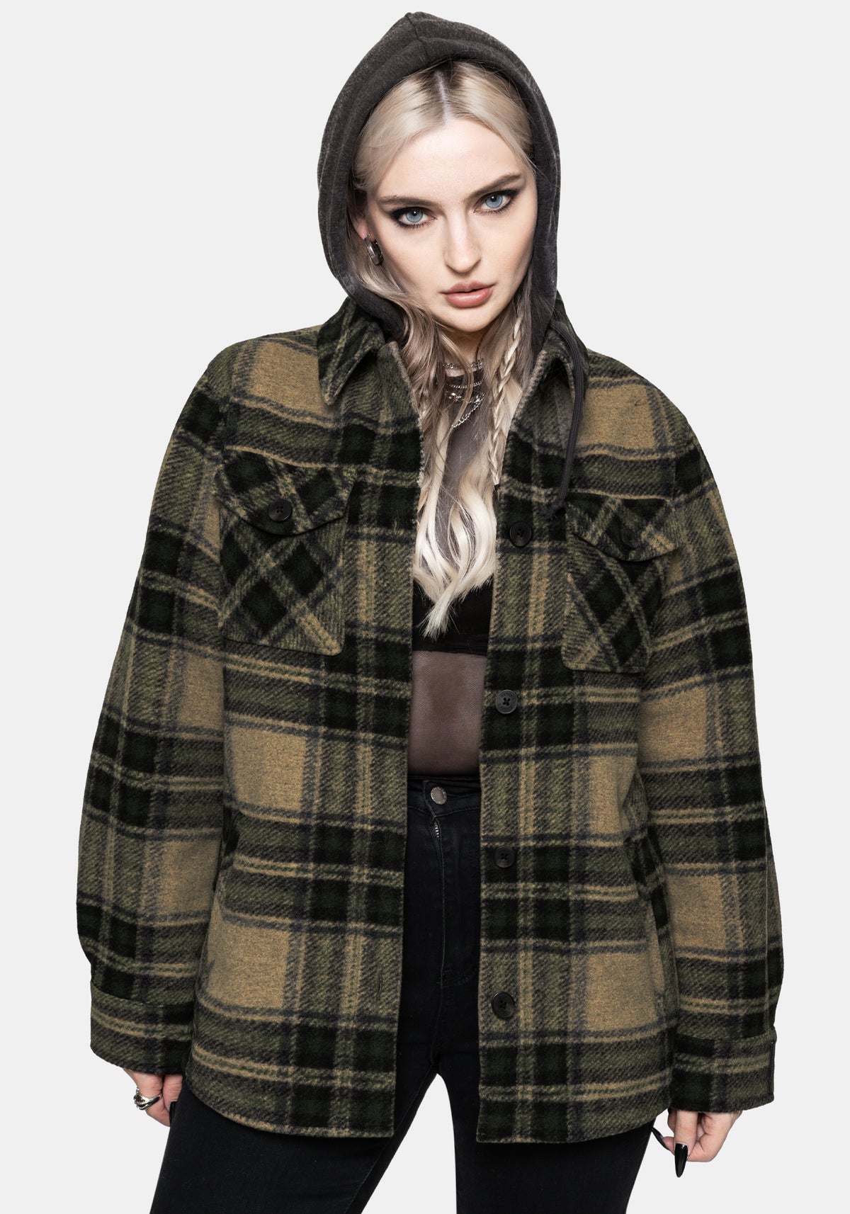 Trellis Lightweight Hooded Pocket Check Shacket - Green US 2