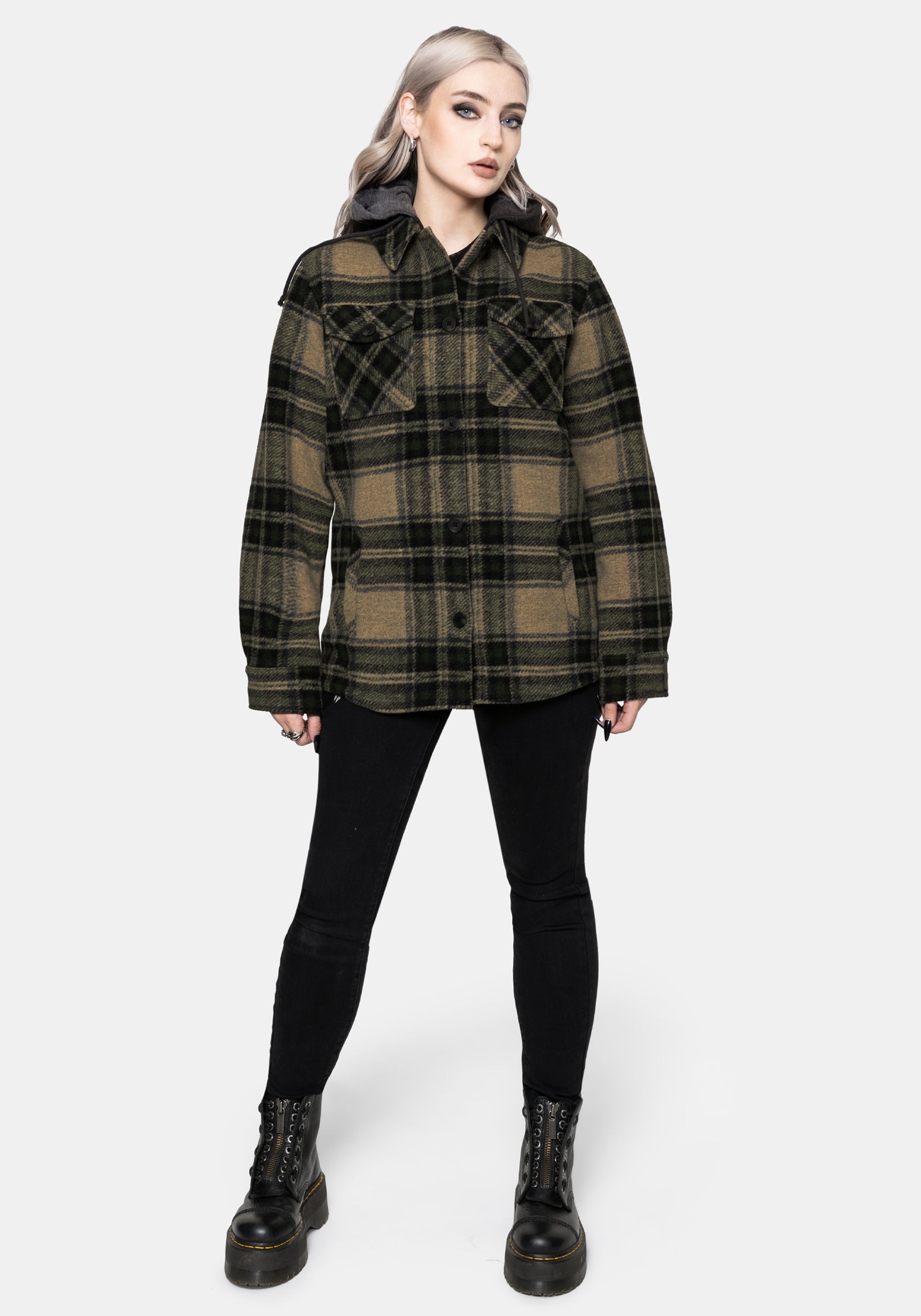 Trellis Lightweight Hooded Pocket Check Shacket - Green US 2