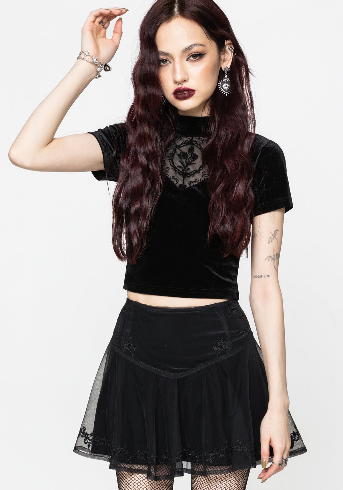 Trixie Velvet Fishnet Embroidered Mini Skirt US 2