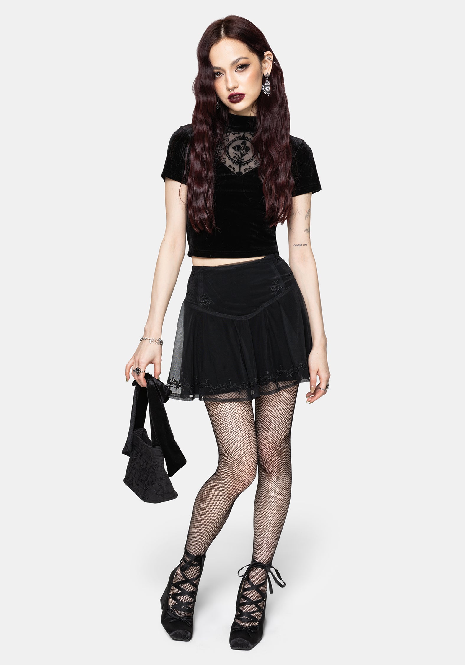 Trixie Velvet Fishnet Embroidered Mini Skirt US 2