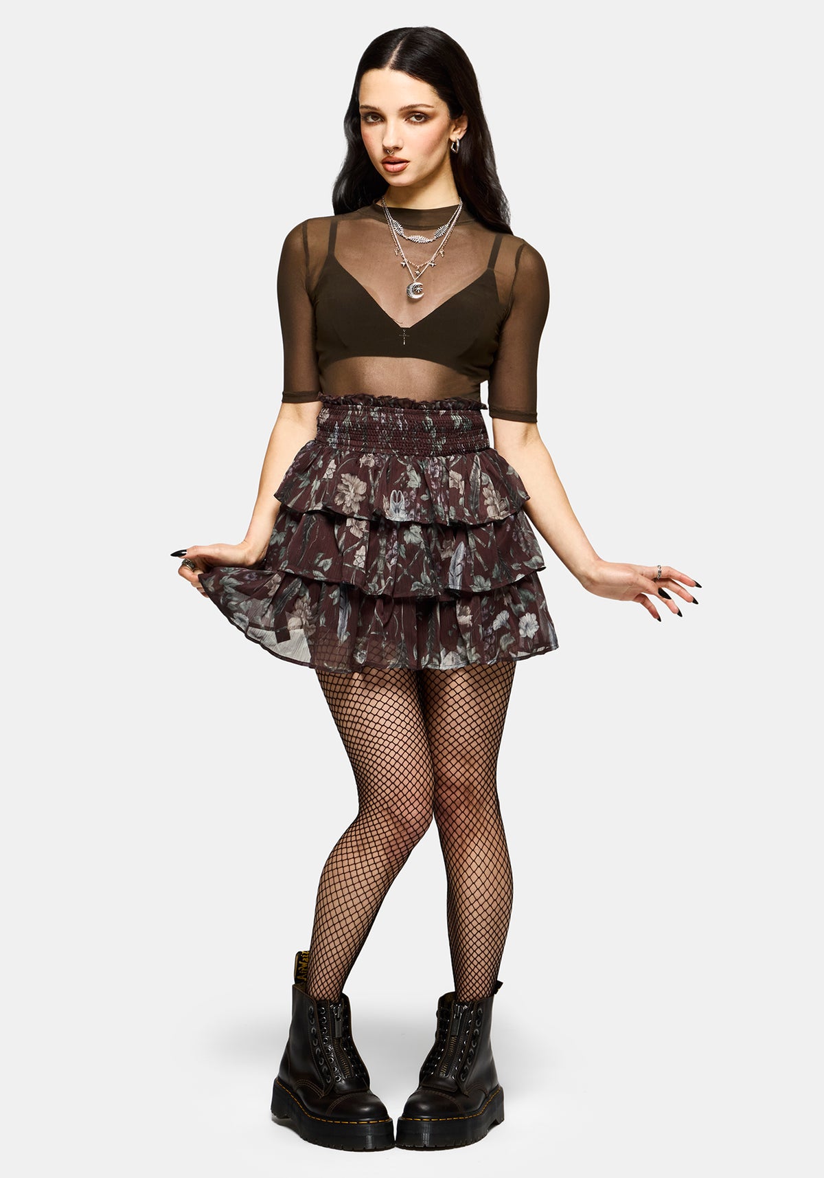 Dusha Garden Print Chiffon Ruffle Mini Skirt