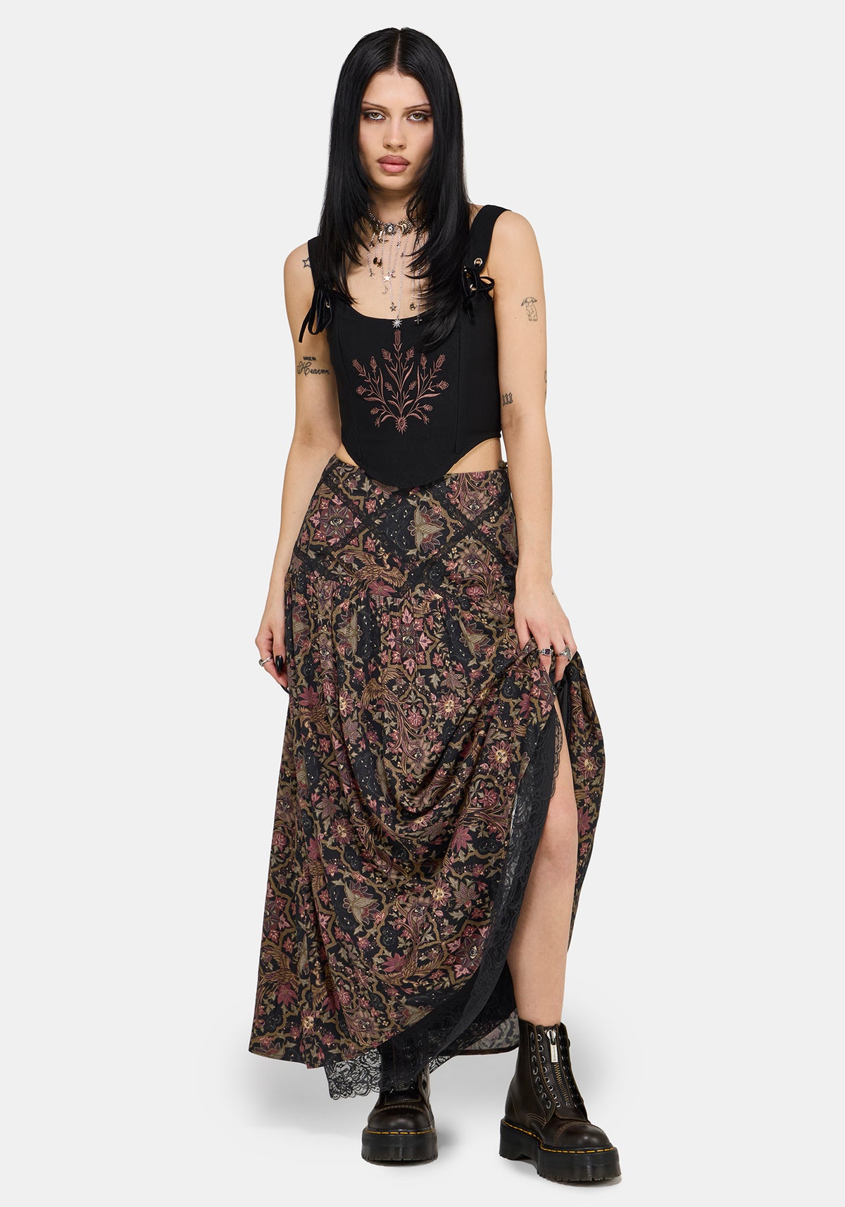 Mythos Print Lace Detail Midaxi Skirt US 2