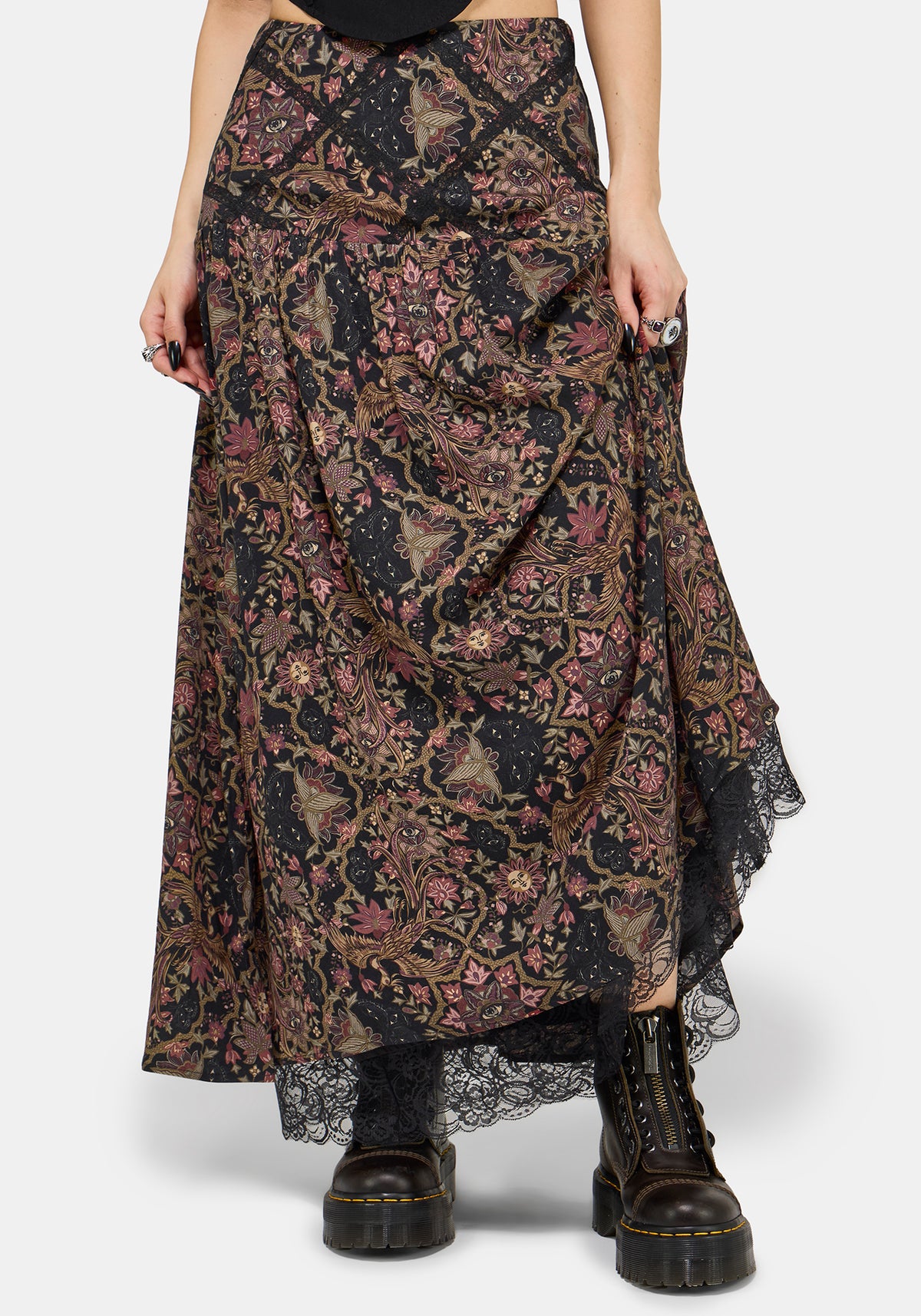 Mythos Print Lace Detail Midaxi Skirt US 2