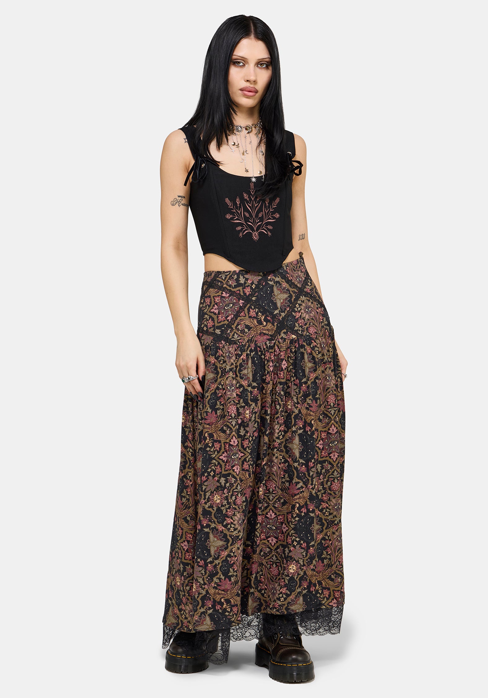 Mythos Print Lace Detail Midaxi Skirt US 2