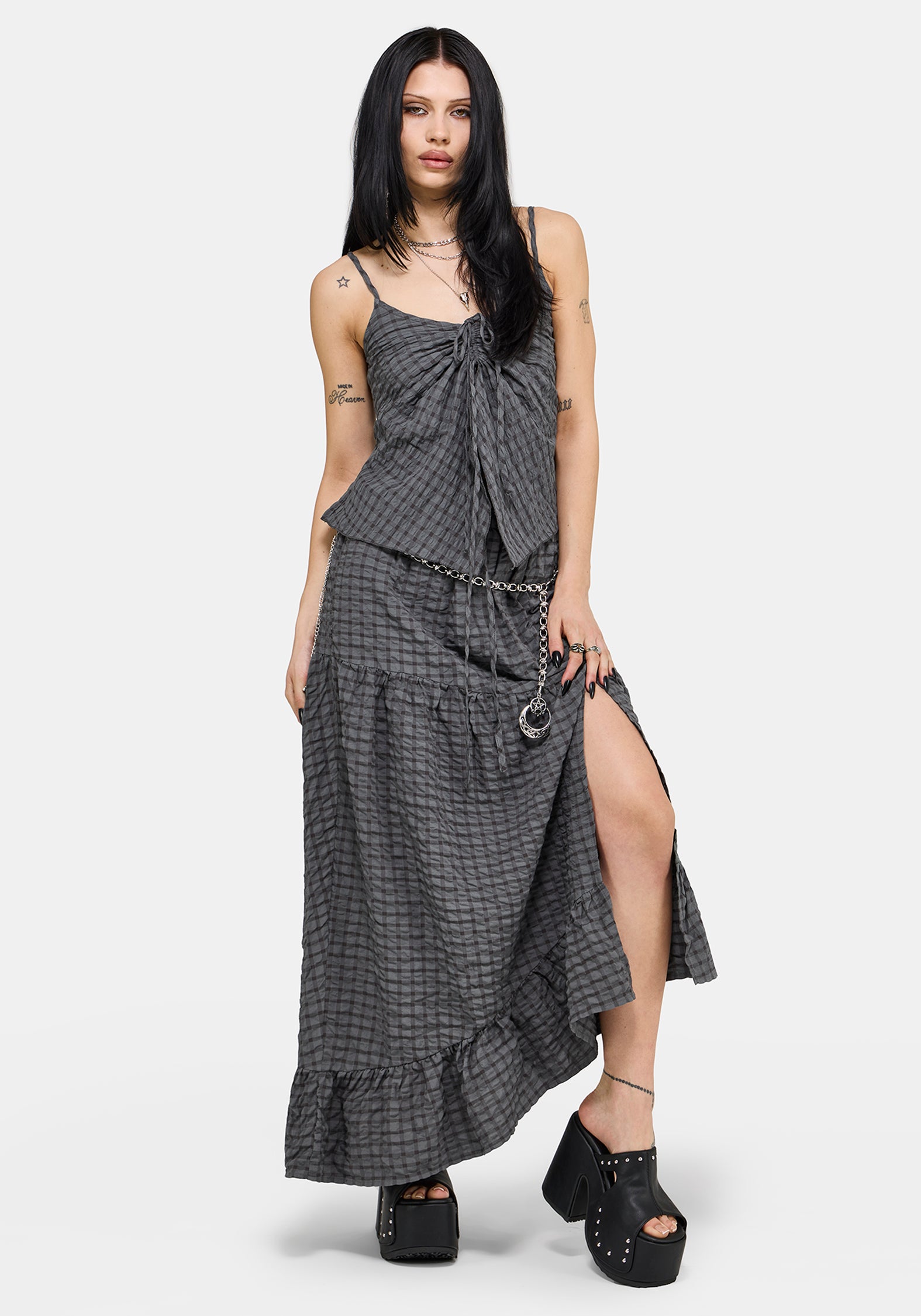 Nimira Check Asymmetrical Tiered Maxi Skirt – Disturbia