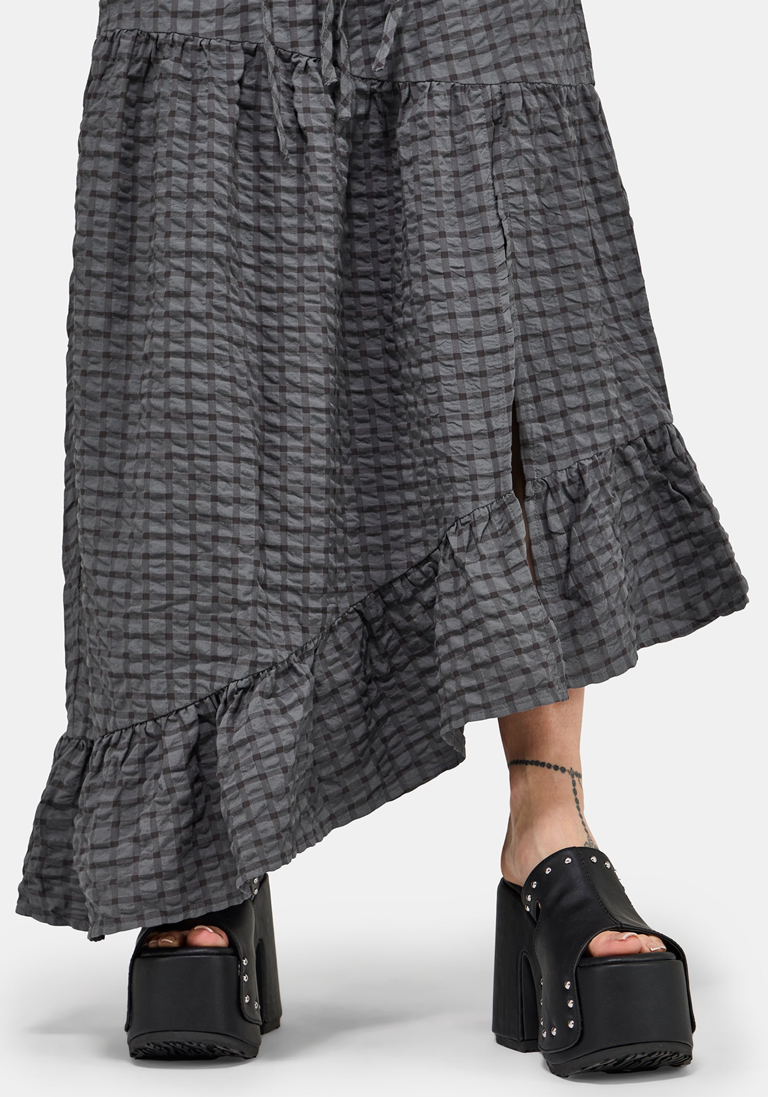 Nimira Check Asymmetrical Tiered Maxi Skirt – Disturbia