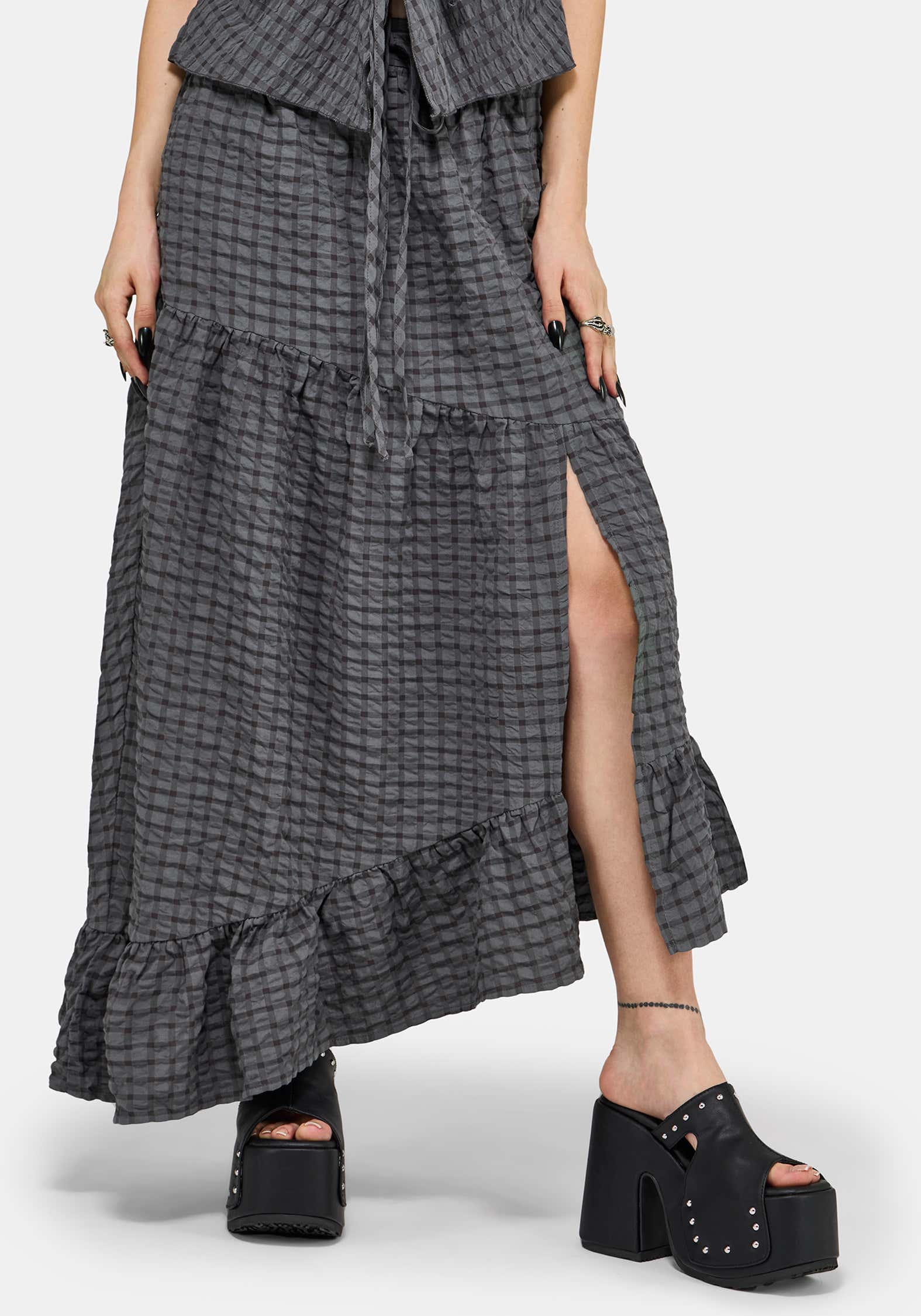Nimira Check Asymmetrical Tiered Maxi Skirt – Disturbia