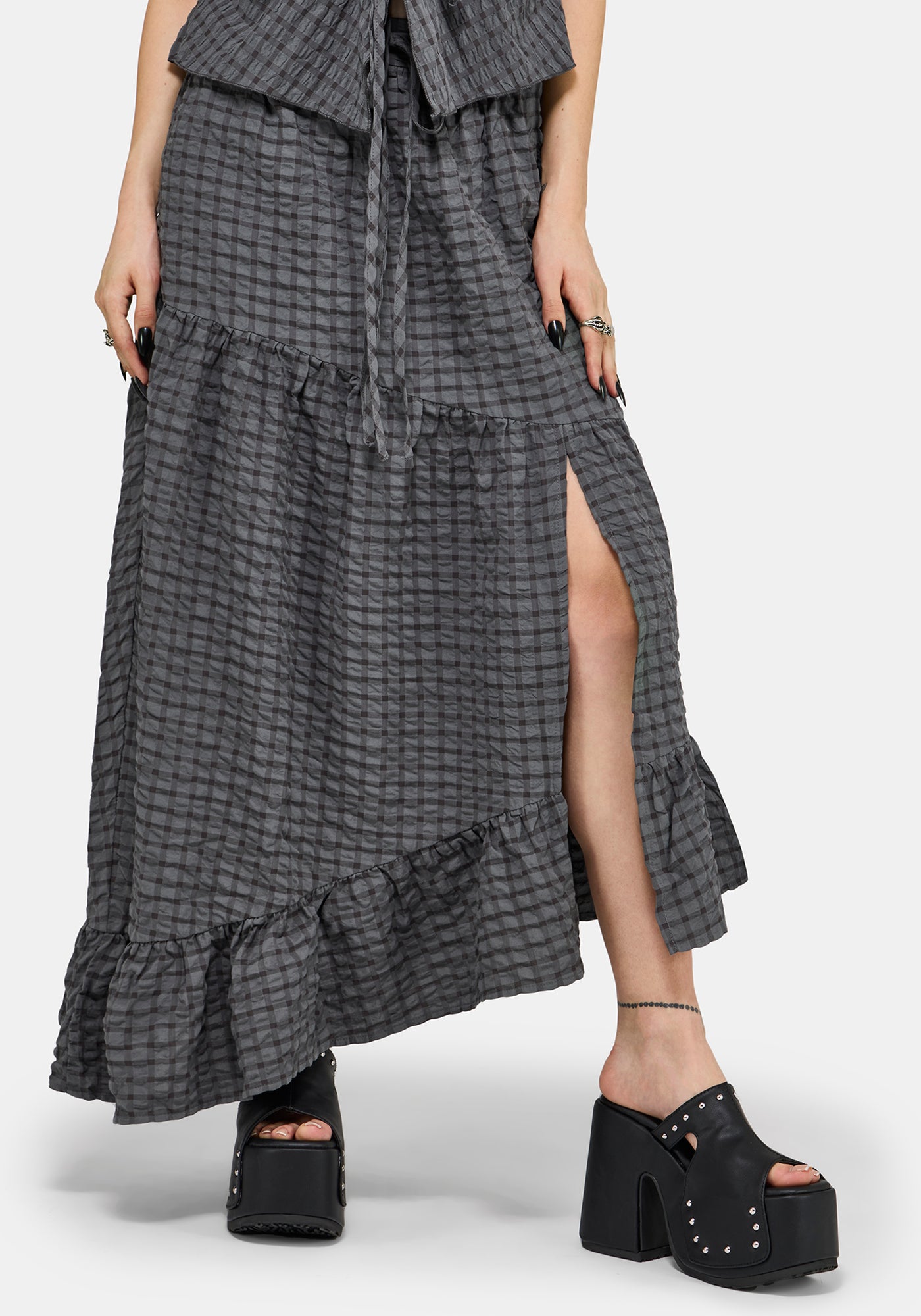 Nimira Check Asymmetrical Tiered Maxi Skirt – Disturbia
