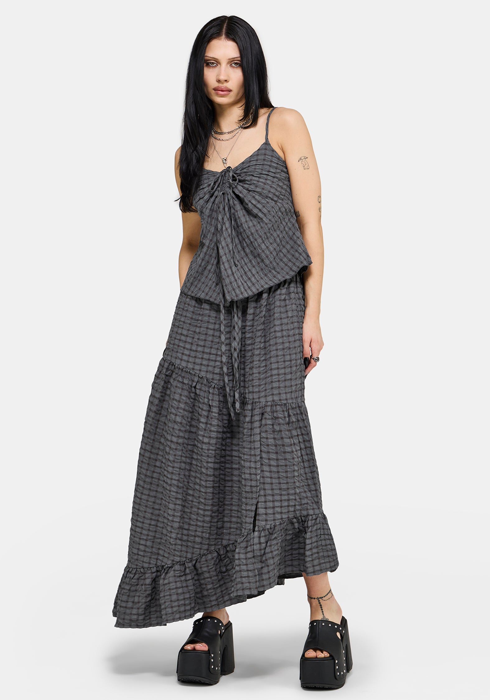 Nimira Check Asymmetrical Tiered Maxi Skirt – Disturbia